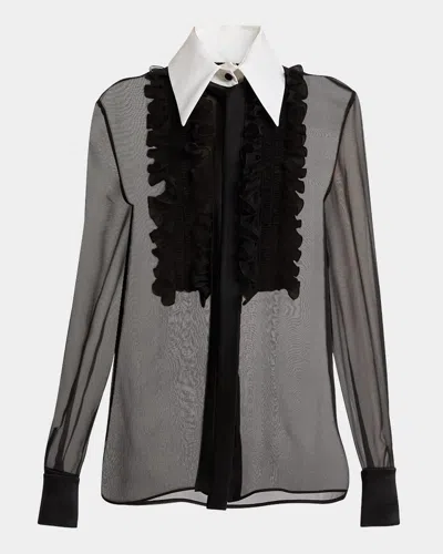 Alberta Ferretti Ruffle-bib Sheer Blouse In Black