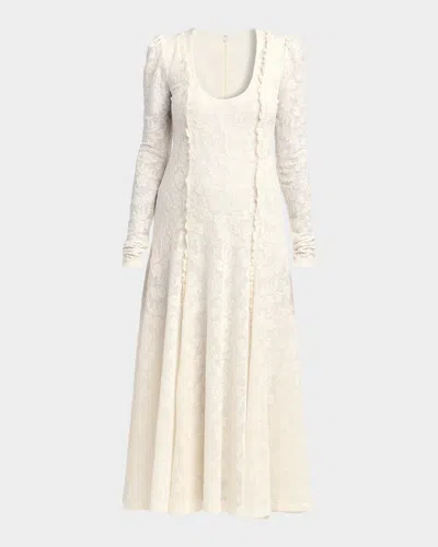 Alberta Ferretti Ruffle Long-sleeve Wool Lace Maxi Dress In Neutral