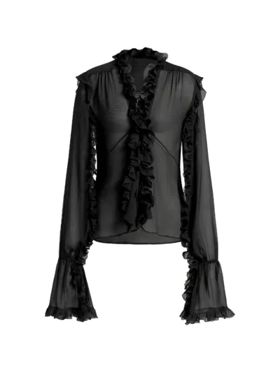 Alberta Ferretti Silk Creponne Blouse With Ruffles In Black