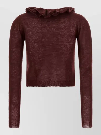 Alberta Ferretti Ruffled Cropped V-neck Mohair-blend Sweater In Burgundy
