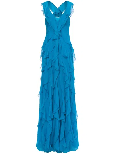 Alberta Ferretti Ruffled Gown In Turquoise