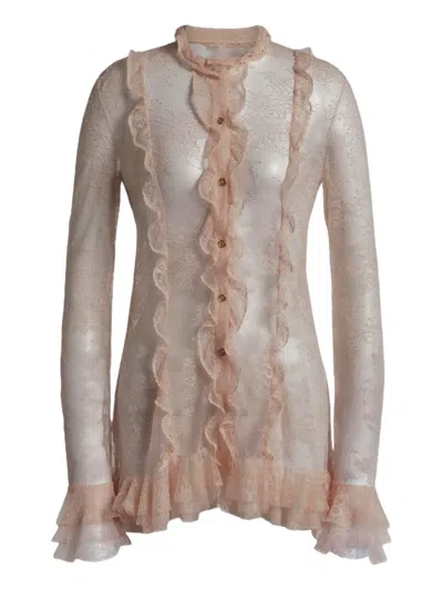 Alberta Ferretti Ruffled Lace Blouse In Brown