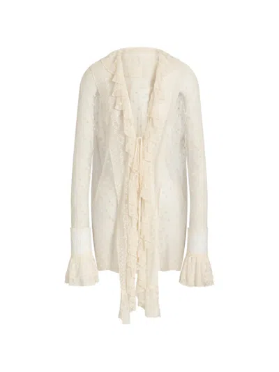 Alberta Ferretti Sheer Tulle Shirt Ruffled Collar Polka Dots In White
