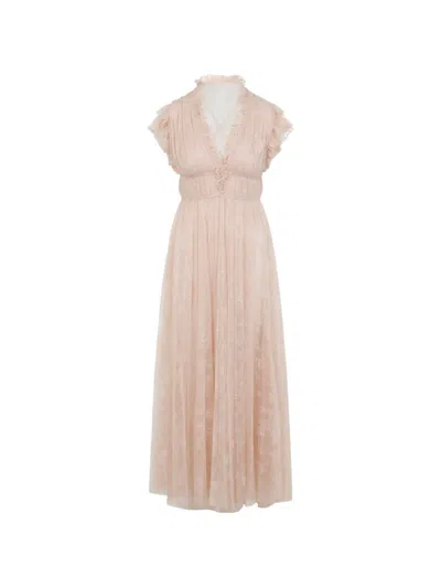 Alberta Ferretti Lace Long Dress Elastic Waist Back Detail In Pink