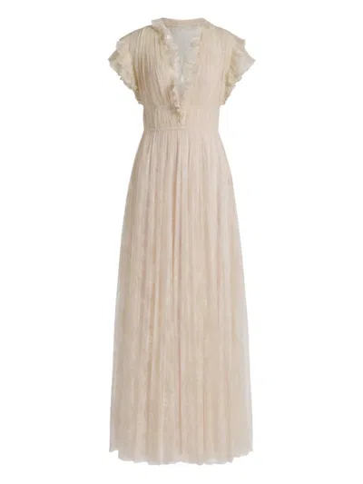 Alberta Ferretti Ruffled Lace Maxi Dress In Neutral
