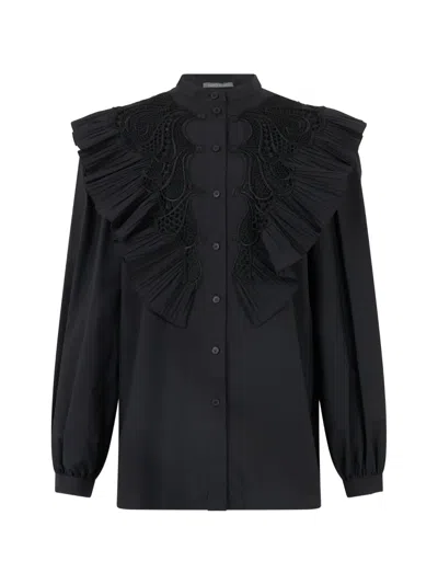 Alberta Ferretti Ruffled Lace-panel Shirt In Black