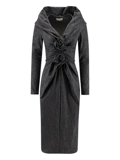 ALBERTA FERRETTI RUFFLED LONG-SLEEVE MIDI DRESS