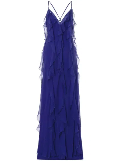 Alberta Ferretti Silk Dress Ruffle Detailing In Blue