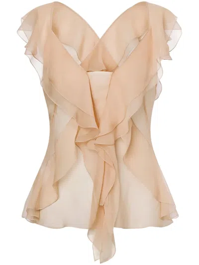 Alberta Ferretti Ruffled Silk Blouse In Neutrals