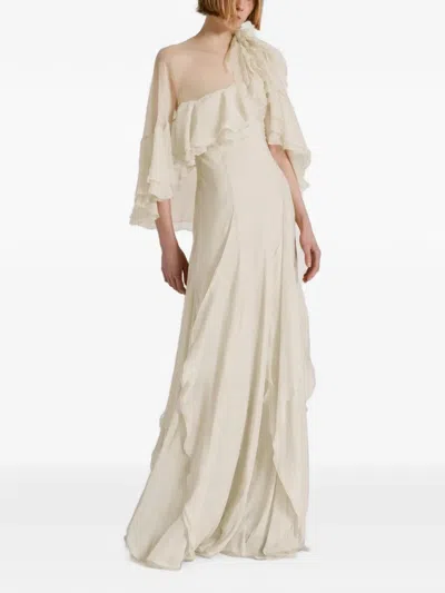 Alberta Ferretti Ruffled Silk Cape Maxi Dress In White