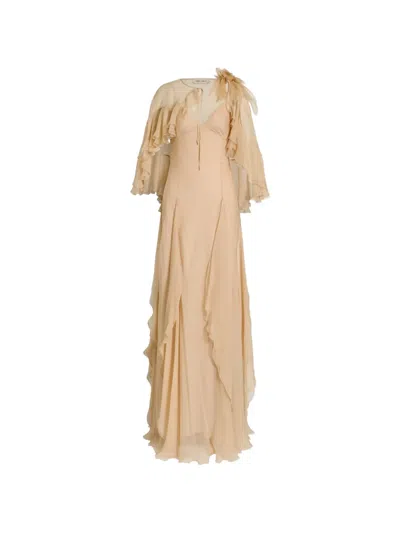 Alberta Ferretti Ruffled Silk Gown In Neutral