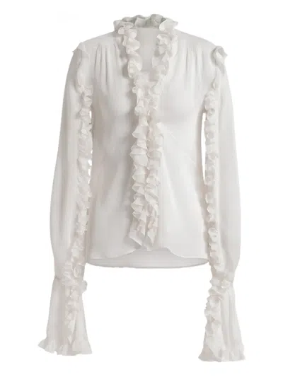 Alberta Ferretti Silk Creponne Blouse With Ruffles In White