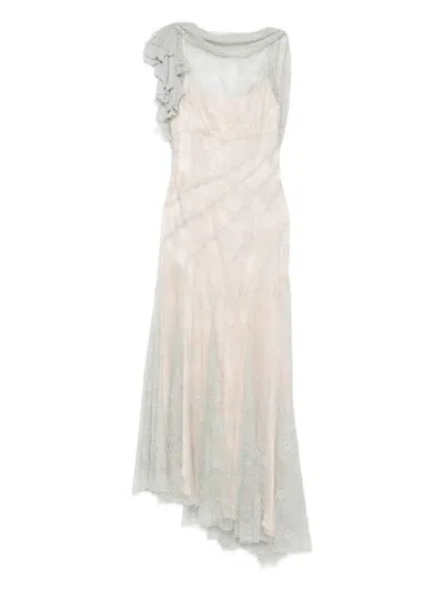 Alberta Ferretti Ruffled-sleeve Lace Asymmetrical Dress In Green
