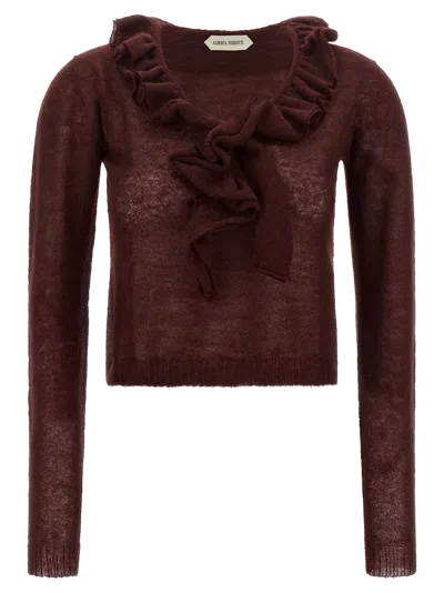 Alberta Ferretti Ruffled V-neck Mohair Blend Sweater In Burgundy