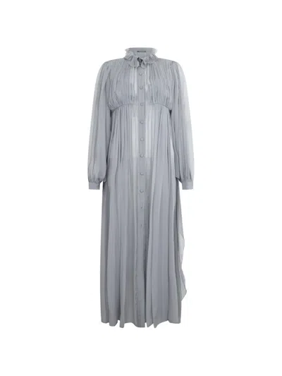Alberta Ferretti Ruffled-collar Pleated Maxi Dress In Silver