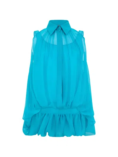 Alberta Ferretti Ruffled-hem Silk Blouse In Blue