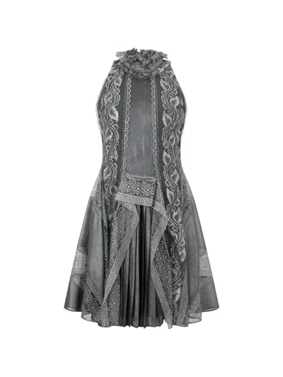 Alberta Ferretti Ruffled-neck Pleated Mini Dress In Gray