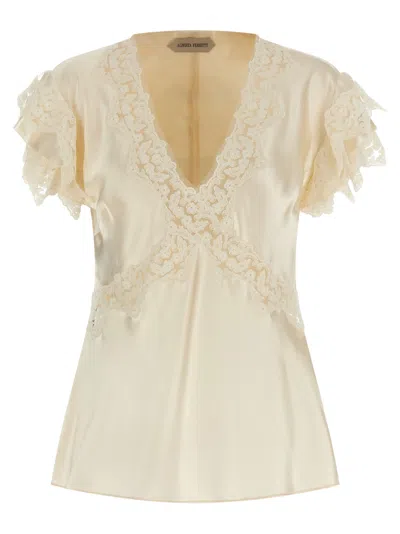 Alberta Ferretti Satin And Lace Top Tops Beige In White
