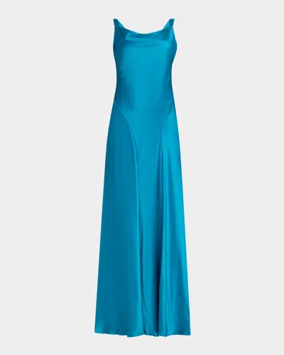 Alberta Ferretti Cowl-neck Sleeveless Satin Gown In Blue