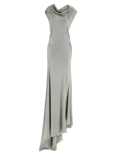 Alberta Ferretti Draped Satin Dress Asymmetric Neckline In Gray