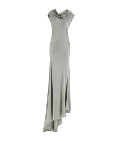Alberta Ferretti Draped Satin Dress Asymmetric Neckline In Gray