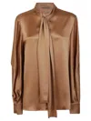 Alberta Ferretti Satin-finish Blouse With Tie Neck Detail In Brown