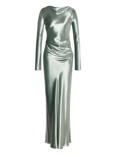 Alberta Ferretti Long Dress In Glossy Velvet In Green