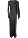 Alberta Ferretti One-shoulder Black Evening Dress With Flowing Cape Sleeve In Grey