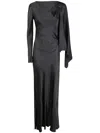 Alberta Ferretti One-shoulder Black Evening Dress With Flowing Cape Sleeve In Grey