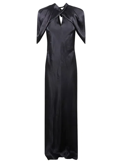 Alberta Ferretti Satin Long Dress With High Collar In Black