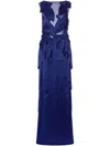 Alberta Ferretti Layered Leaf Appliqué Sheer Panel Long Dress In 蓝色