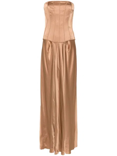 Alberta Ferretti Satin Maxi Dress In Brown