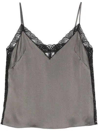 Alberta Ferretti Satin Top With Lace Inserts In Grey