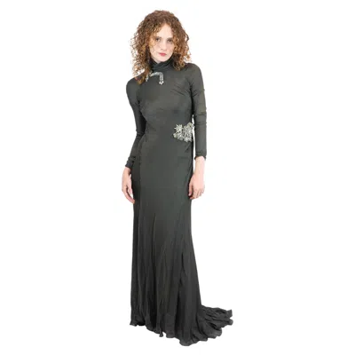 Pre-owned Alberta Ferretti Satin Turtleneck Gown W Rhinestones (2007) In Black