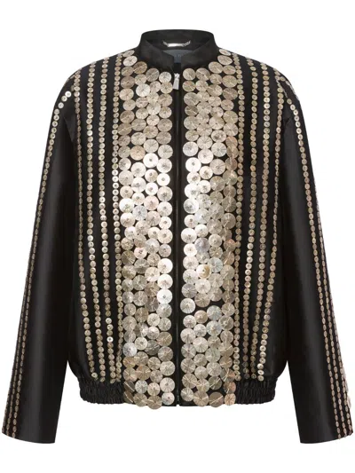 Alberta Ferretti Black Bomber Jacket With Embroideries And Golden Detail In Satin Woman