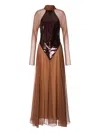 Alberta Ferretti Sequined-bodice Gown In Brown