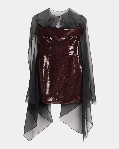 Alberta Ferretti Sequined Cape Overlay Mini Dress In Brown