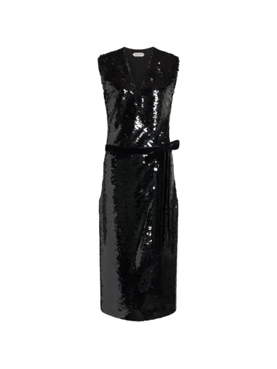 Alberta Ferretti Sequin-embellished Belted Midi Dress In Black