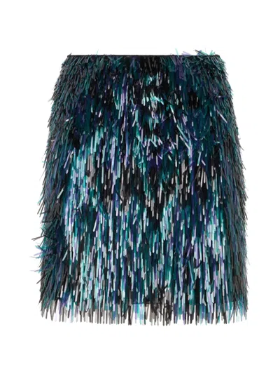 Alberta Ferretti Sequin-embellished Fringed Mini Skirt In Blue