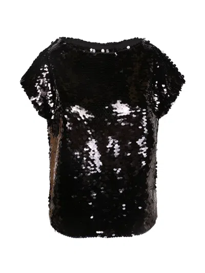 Alberta Ferretti Sequin-embellished Short-sleeve Blouse In Brown