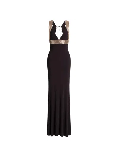 Alberta Ferretti Sequin-embellished V-neck Maxi Dress In Brown