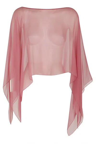 Alberta Ferretti Sheer Crewneck Cape Blouse In Pink