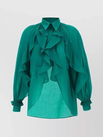 Alberta Ferretti Sheer Fabric Ruffled Shirt With Long Sleeves In Green