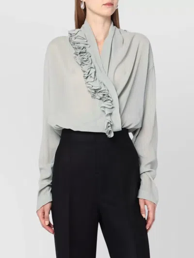 Alberta Ferretti Sheer Fabric Shirt With Floral Ruffled Detail In Gray
