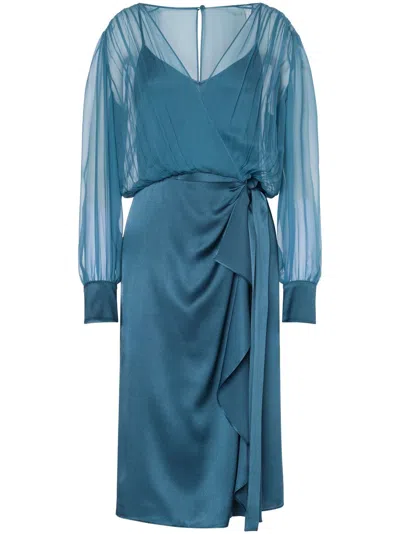 Alberta Ferretti Sheer-overlay Midi Dress In Teal