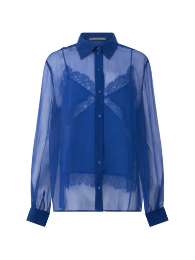 Alberta Ferretti Sheer Silk Long-sleeve Shirt In Blue