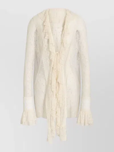 Alberta Ferretti Sheer Tulle Shirt Ruffled Collar Polka Dots In White