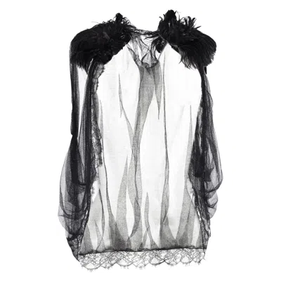 Alberta Ferretti Sheer Vest In Black Silk Tulle And Feathers