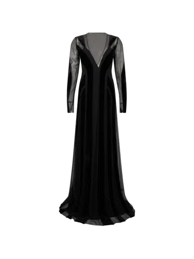 Alberta Ferretti Sheer-panelled Velvet-trim Maxi Dress In Black