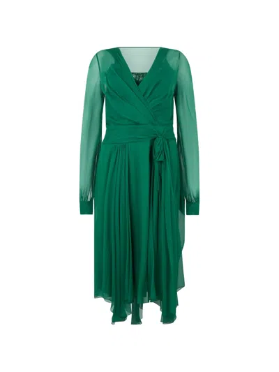 Alberta Ferretti Sheer-sleeve V-neck Midi Dress In Green